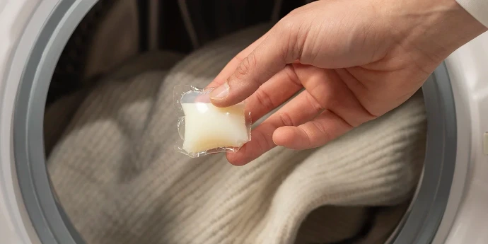 Utilisation des capsules : placer la dose directement au cœur du tambour avant de lancer le cycle. Une main place une capsule de lessive hydrosoluble dans le tambour d'un lave-linge rempli de linge.