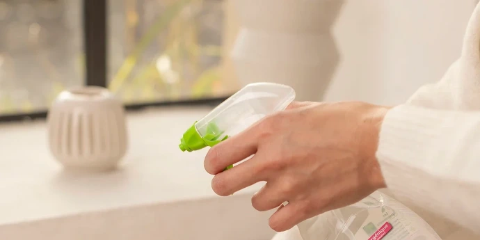 Sprays nettoyants : conservez et réutilisez votre pistolet spray avec nos recharges pour réduire les déchets plastiques. Une main vissant un pistolet spray vert et transparent sur un flacon nettoyant L'Arbre Vert.