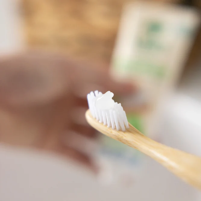 Gros plan sur une brosse à dents en bois garnie d'une petite noisette de dentifrice en gel transparent, avec un tube de dentifrice L'Arbre Vert flou en arrière-plan.